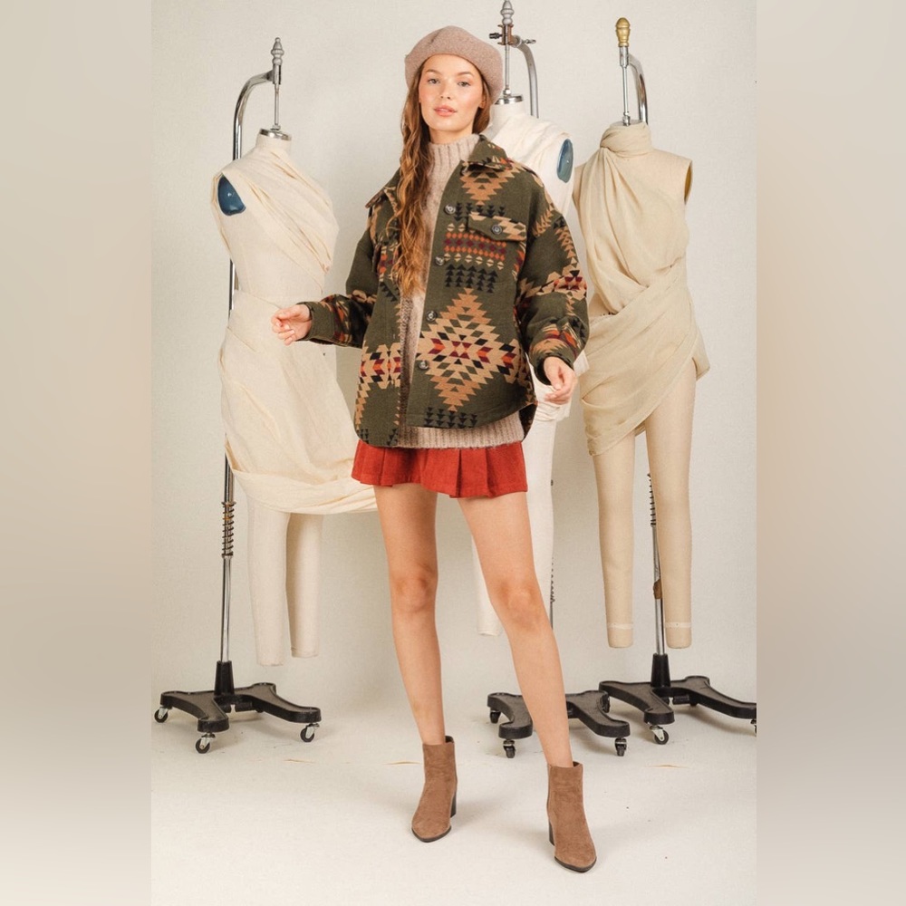 Aztec Print Olive Shacket - Picture 5 of 8